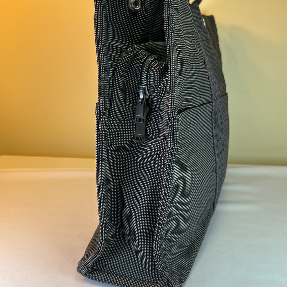 Hermes Heavy Canvas Vintage Zip Tote Gray w/H Design on Web straps Holds Laptop - Picture 4 of 14